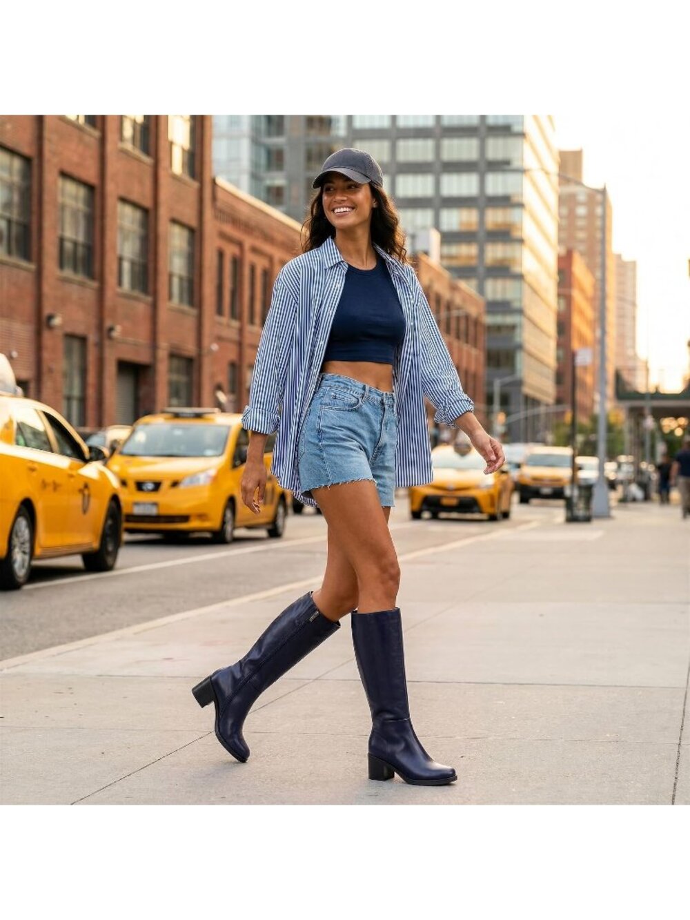 Women's Navy Blue Knee High Boots Chunky Low Block Heel Round Toe Boots Anti-sli - Picture 2 of 7